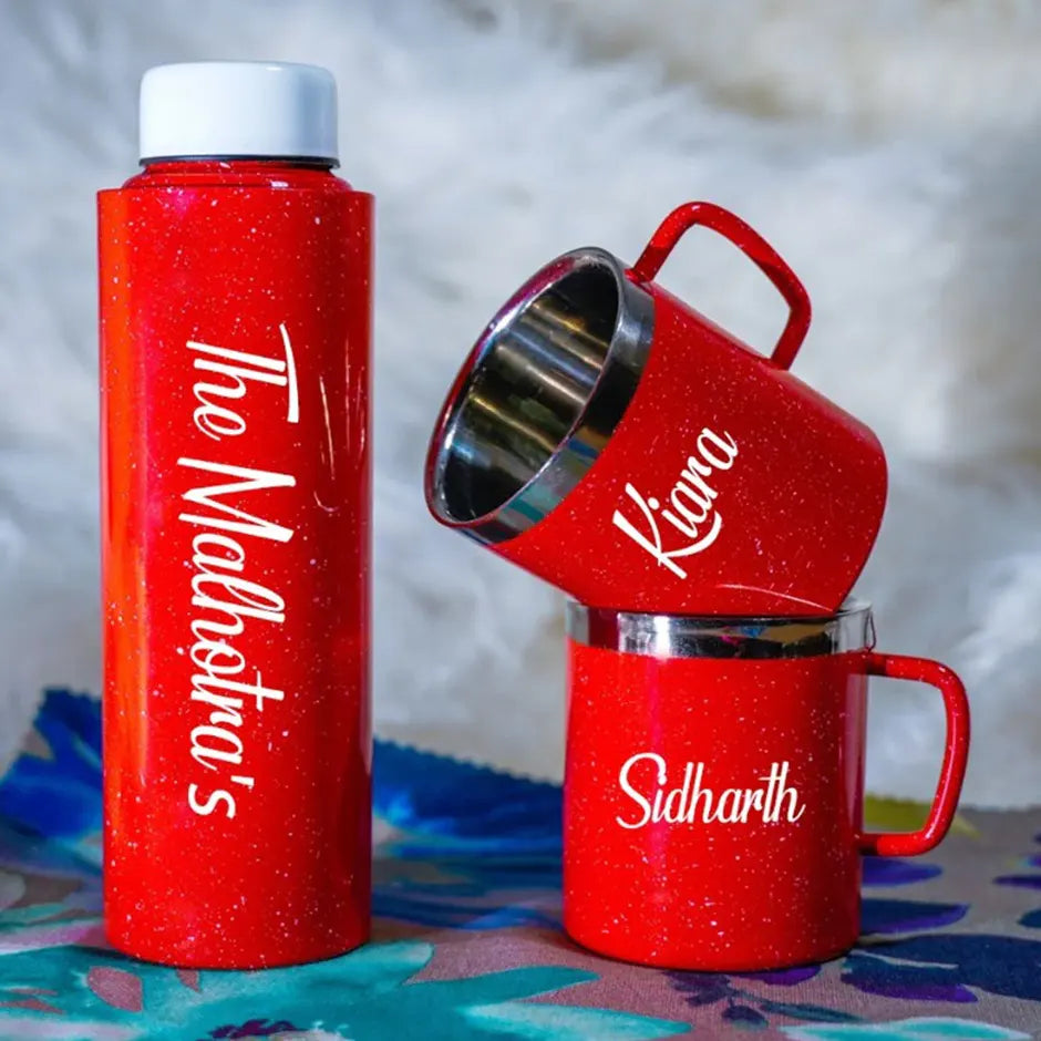 Personalized Sparkling Water Bottle & Mugs Gift Set With Names